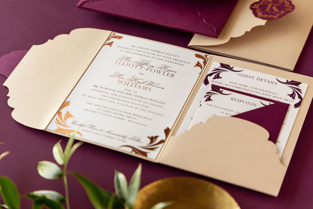 Burgundy, nude, and rose gold custom wedding invitation suite.