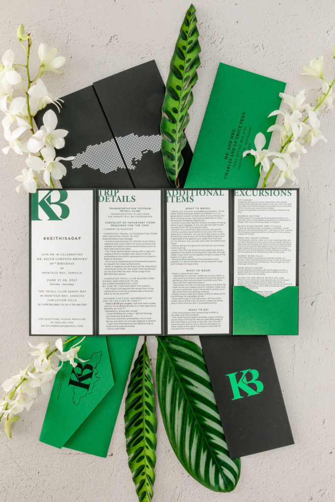 Accordion Fold Black, Green, and White Destination Birthday Party Invitation Suite with custom monogram and Jamaica Graphic