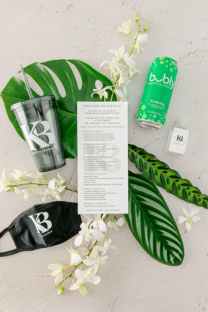 Black, Green, and White Birthday Party Welcome bag insert with custom monogram and branded tumbler, hand sanitizer, and face mask