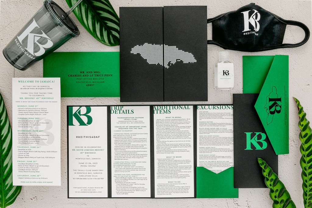 Black, Green, and White Birthday Party Invitation Suite with custom monogram and branded tumbler, hand sanitizer, and face mask.
